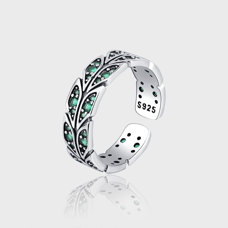 S925 Silver Peacock Tail Green Zircon Ring