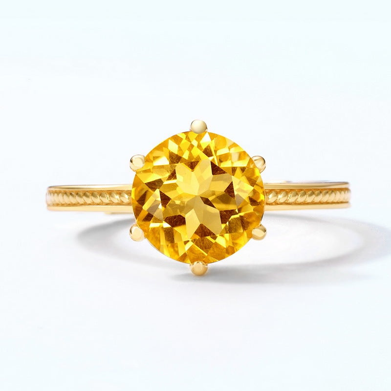 S925 Silver Round Natural Citrine Ring