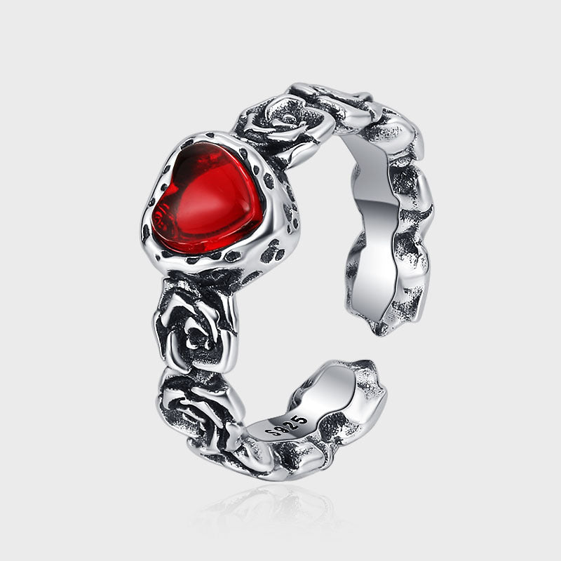 S925 Vintage Rose Red Zircon Ring