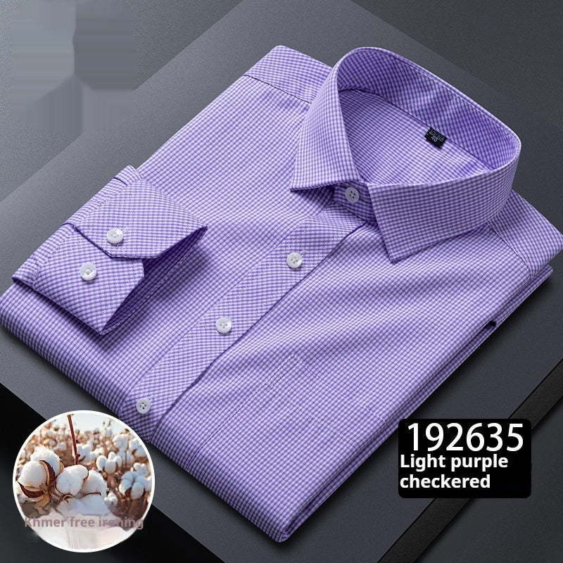 Men's Long-sleeve Plaid Business Shirt with Square Collar
