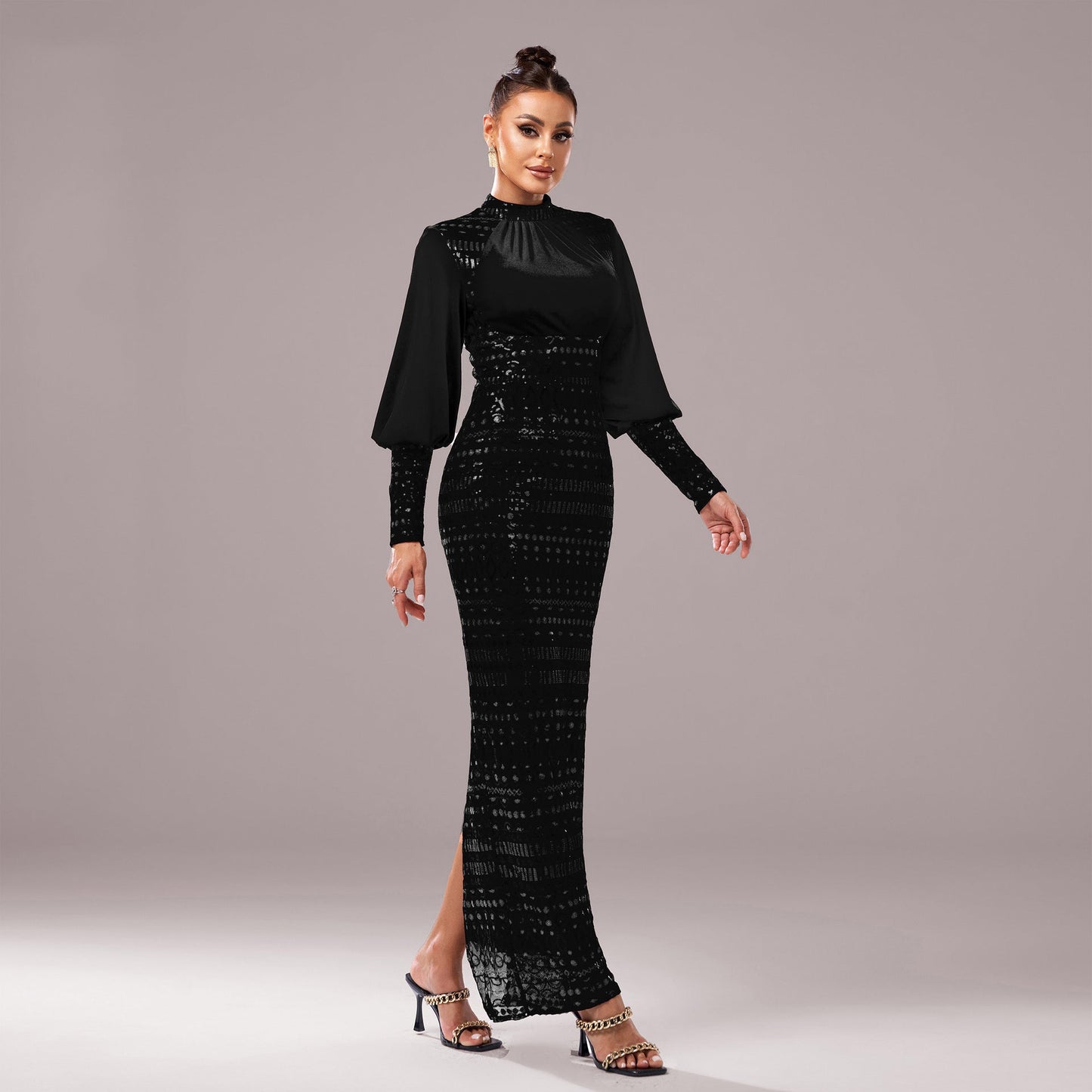 Sequined Slit Evening Dress
