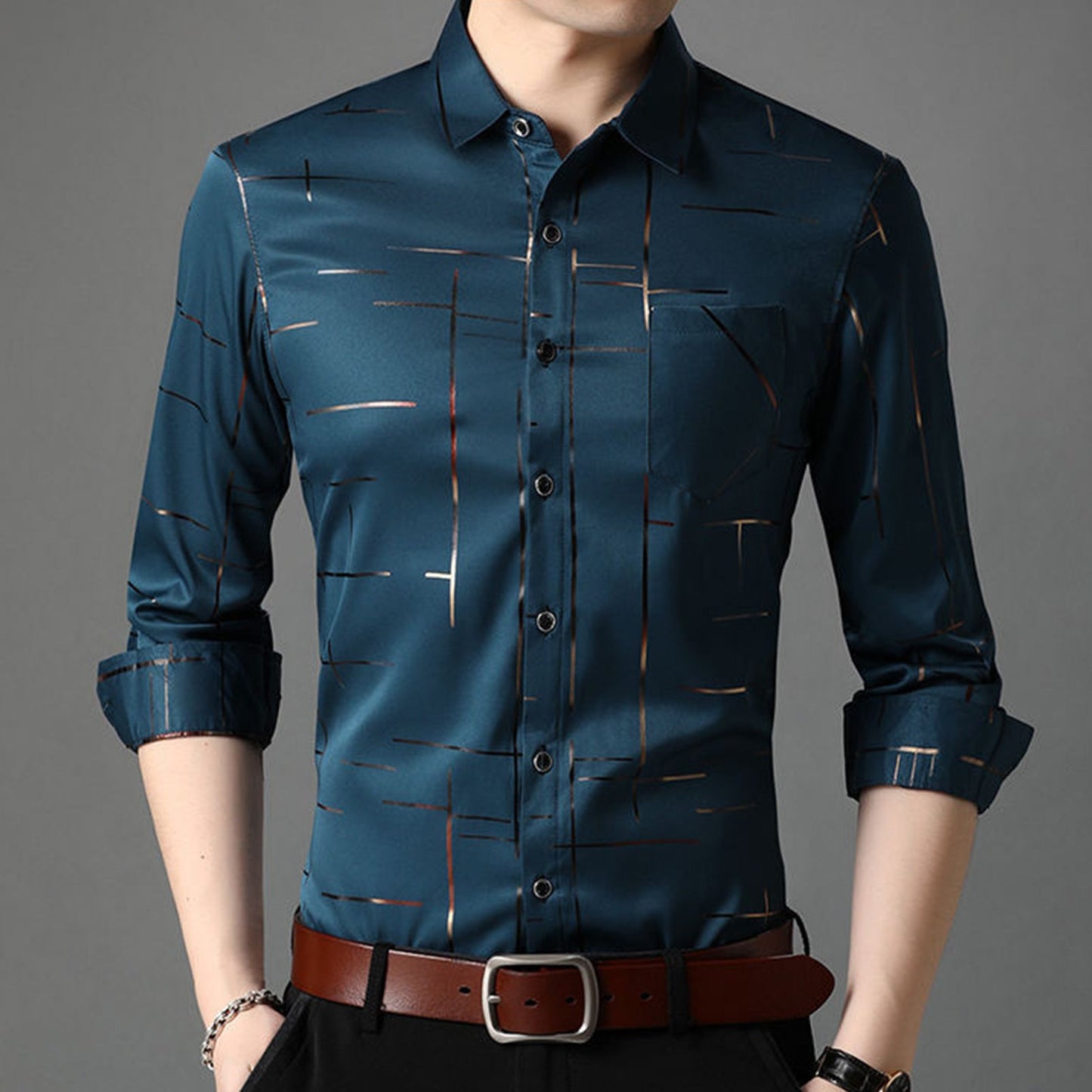 Slim Fit Men's Long-sleeve Striped Shirt Dress