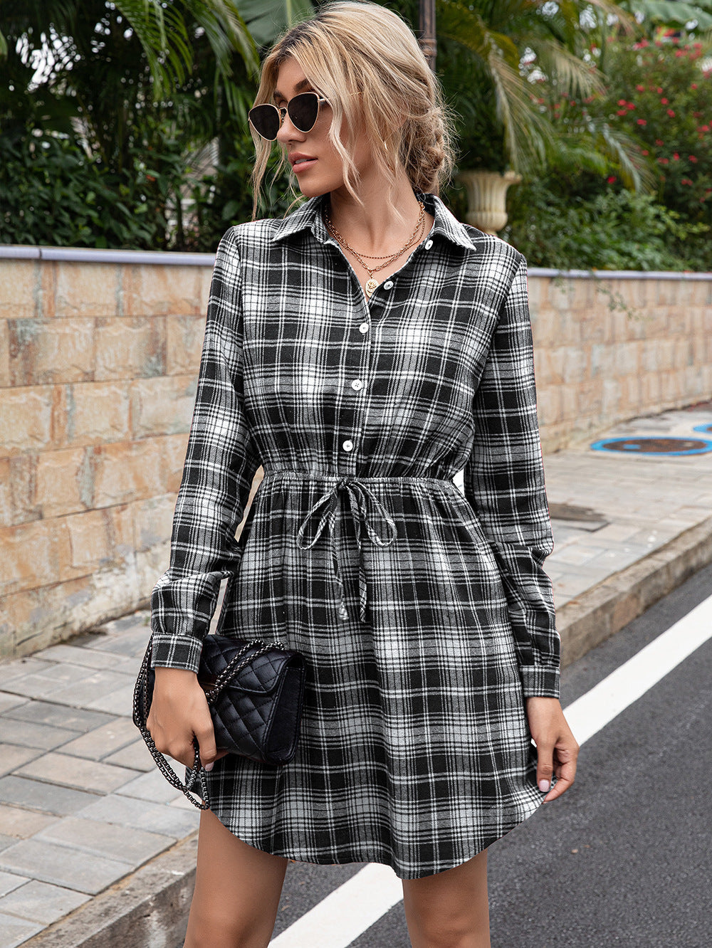 Casual Waist Plaid Dress