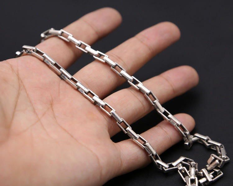 S925 Pure Thai Silver Hoop Retaining Ring Vintage Men's Box Chain Coarse Ore Necklace
