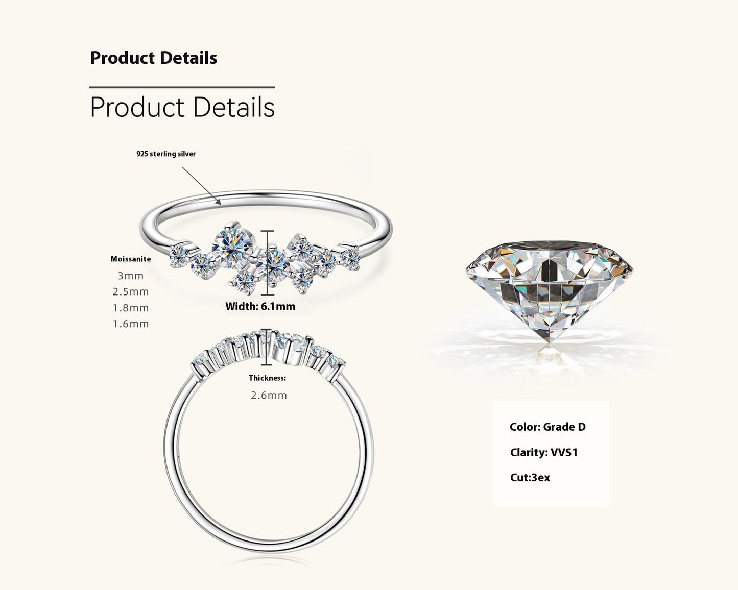 S925 Silver Starry Moissanite Ring