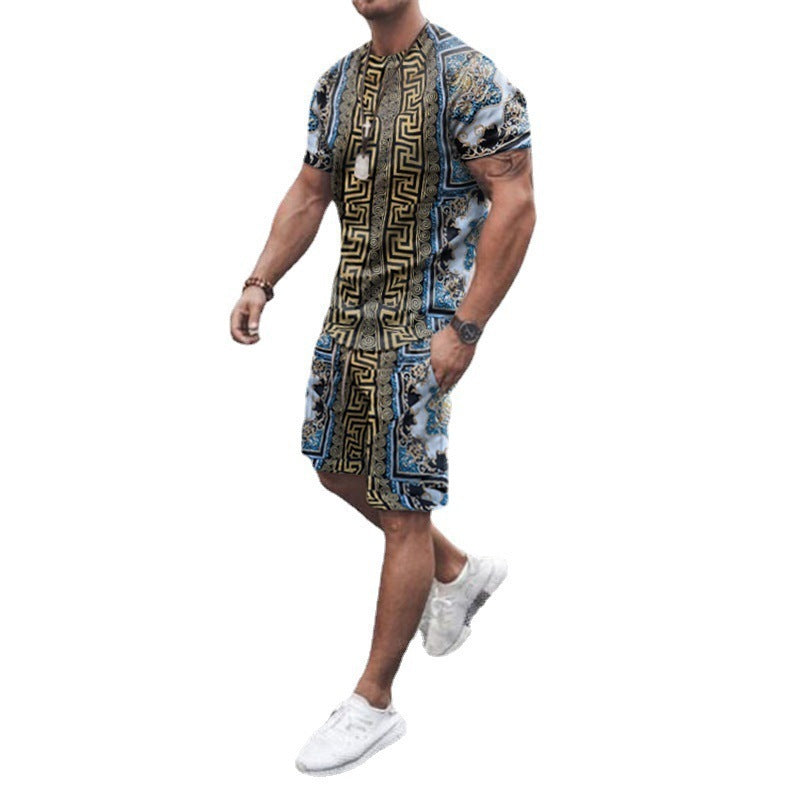 Printed Loose Sports T-shirt and Shorts Men