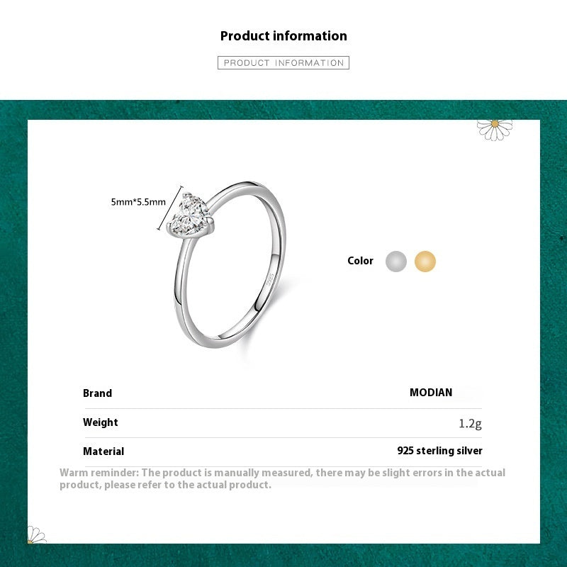 S925 Silver Heart Finger Ring Diamond
