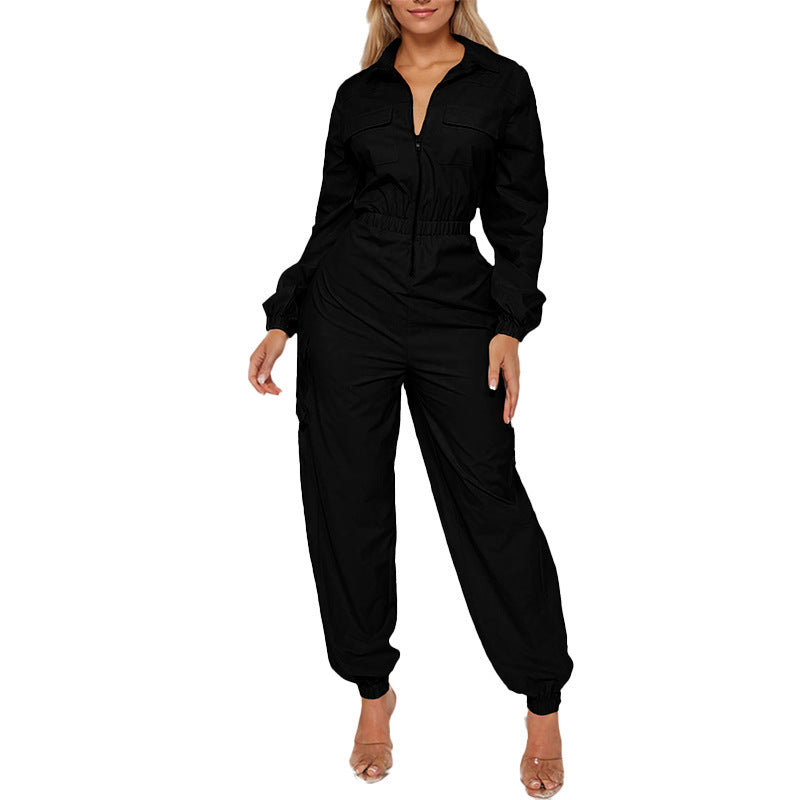 Sleek Zip-Front Elastic Coveralls