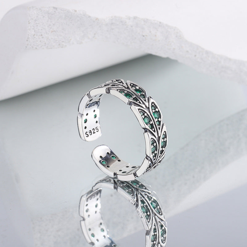S925 Silver Peacock Tail Green Zircon Ring
