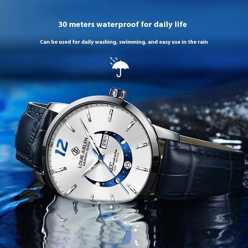 Men's Moon Phase Leather Quartz Watch