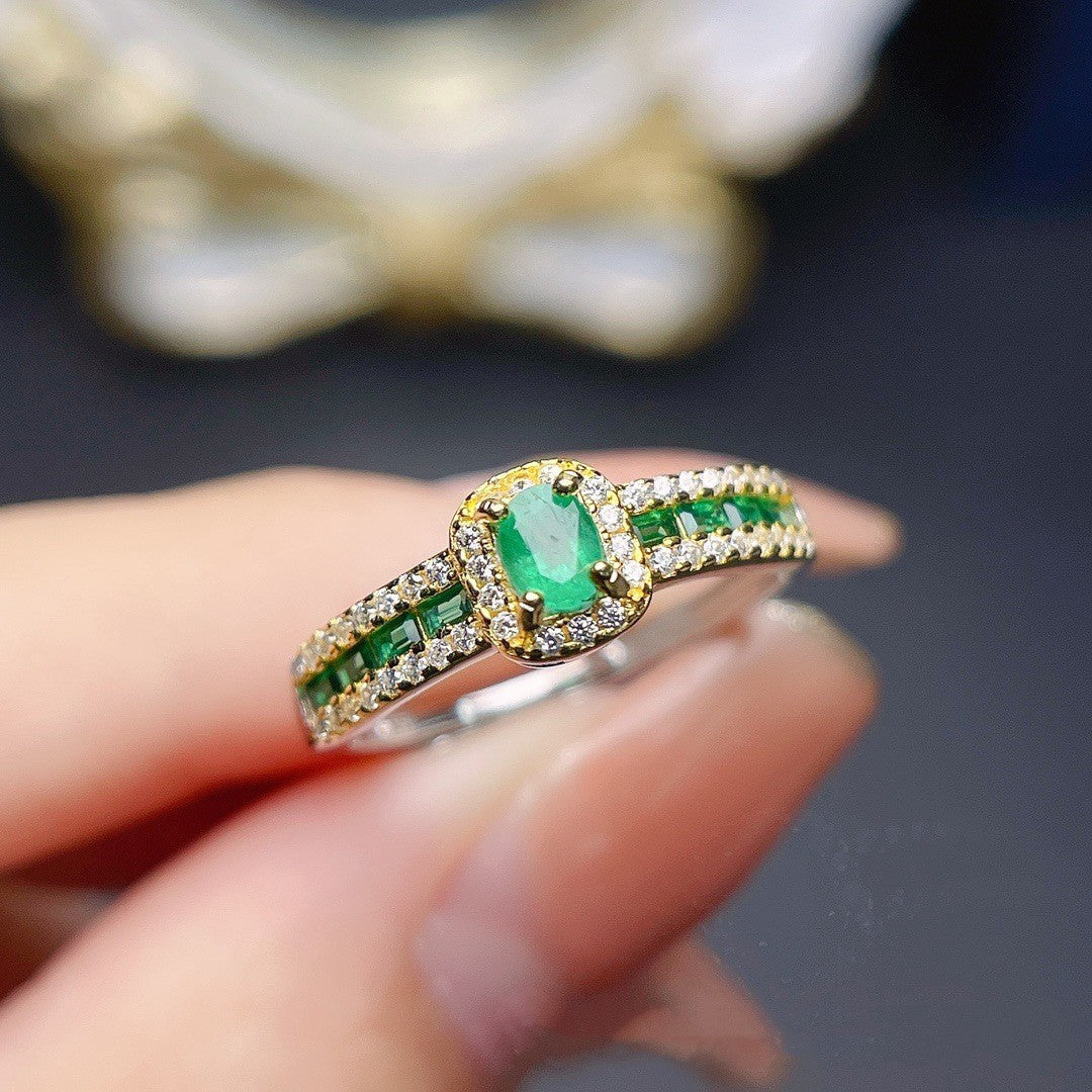 S925 Silver Natural Emerald Ring