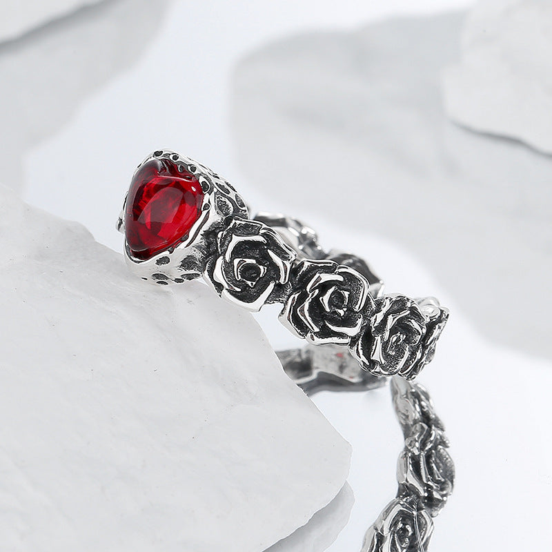 S925 Vintage Rose Red Zircon Ring