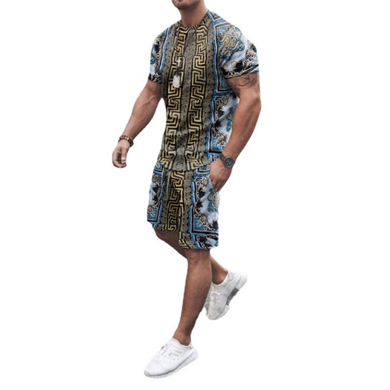 Printed Loose Sports T-shirt and Shorts Men