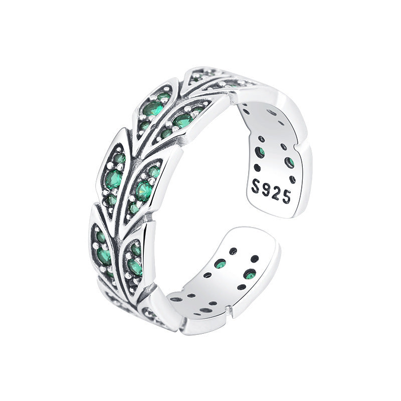 S925 Silver Peacock Tail Green Zircon Ring