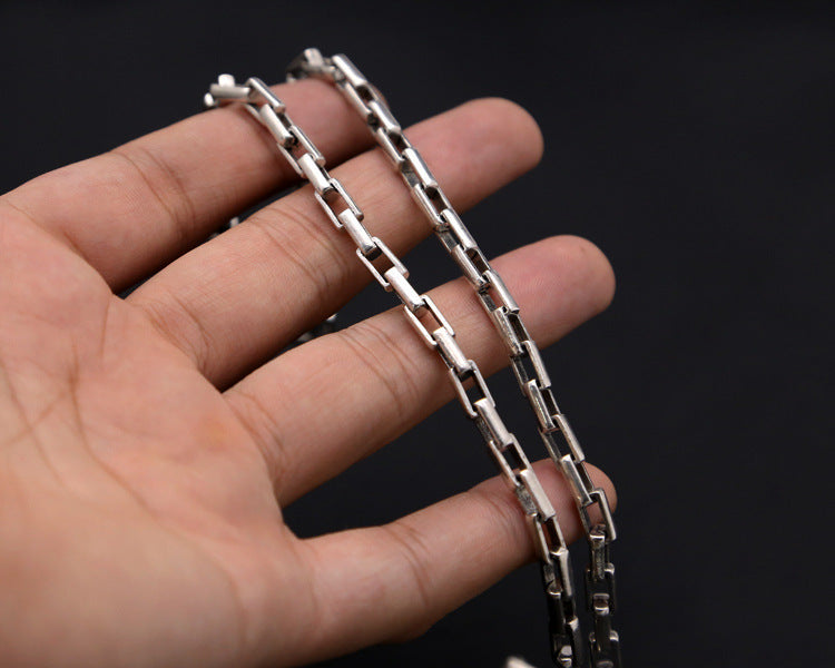 S925 Pure Thai Silver Hoop Retaining Ring Vintage Men's Box Chain Coarse Ore Necklace