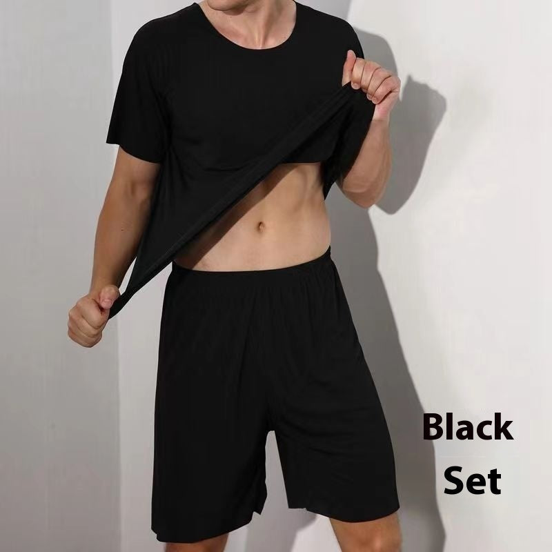 Men's Ice Silk Solid Color Short Sleeve & Shorts Set