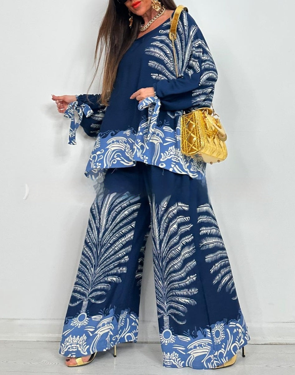 Vintage Floral Wide-Leg TopPants Suit