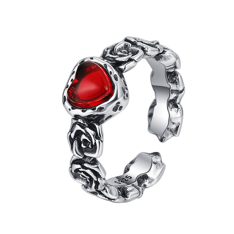 S925 Vintage Rose Red Zircon Ring