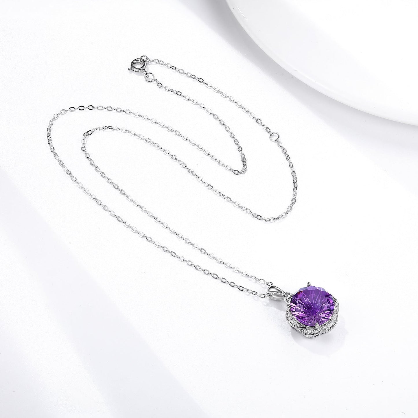 S925 Silver Amethyst Flower Pendant Necklace