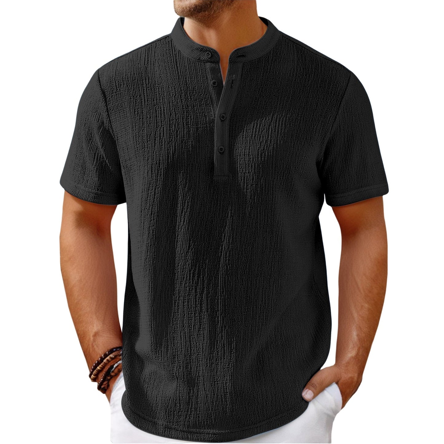 Men's Retro Cotton Linen Striped Henley Shirt