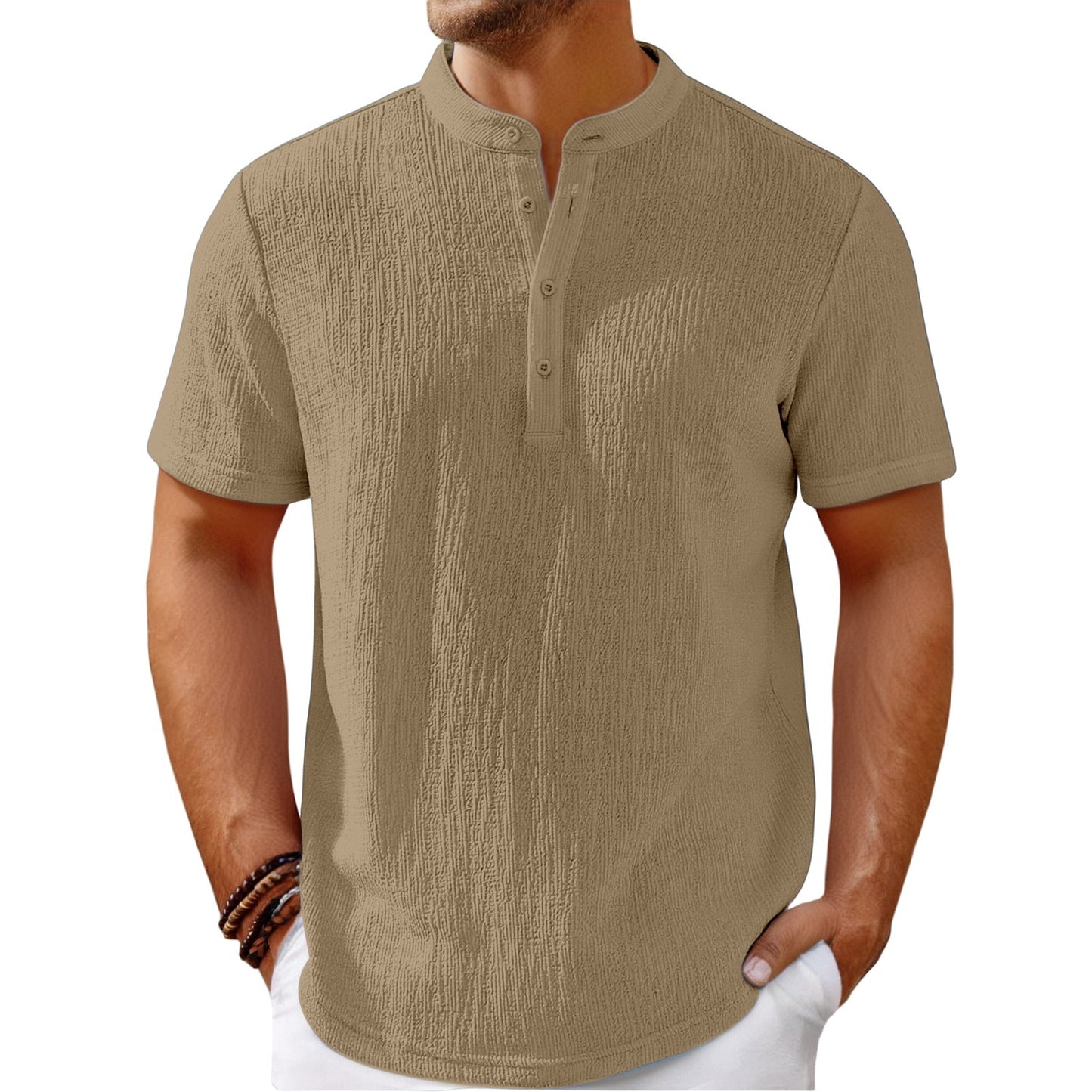 Men's Retro Cotton Linen Striped Henley Shirt