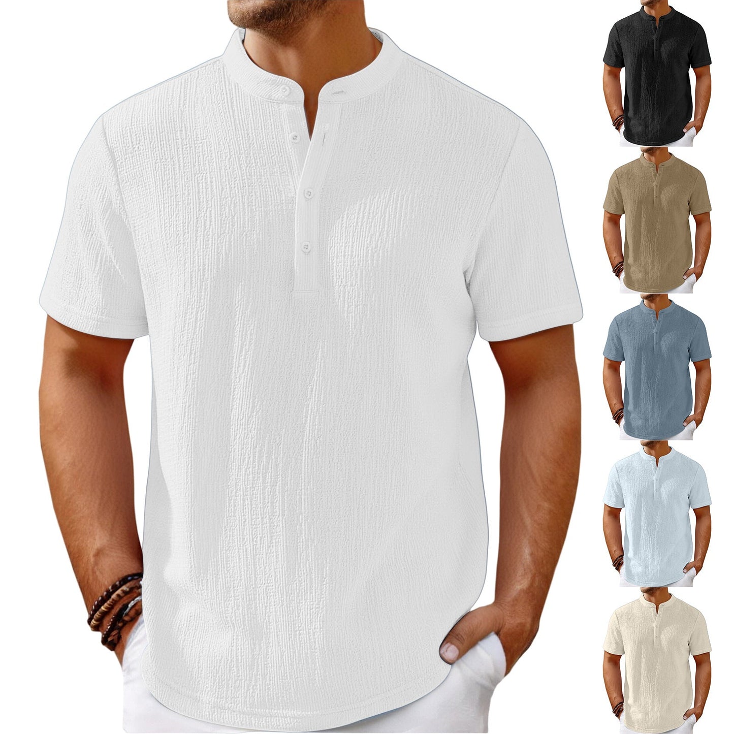 Men's Retro Cotton Linen Striped Henley Shirt