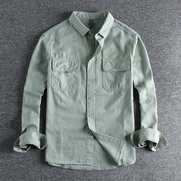 Men's Simple Lapel Washed Breathable Workwear Long Sleeve Shirt