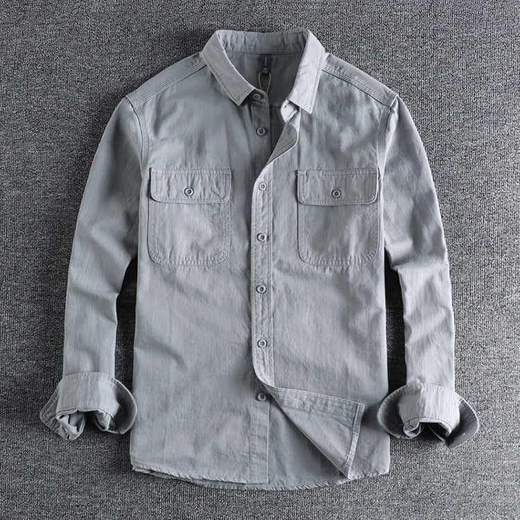 Men's Simple Lapel Washed Breathable Workwear Long Sleeve Shirt
