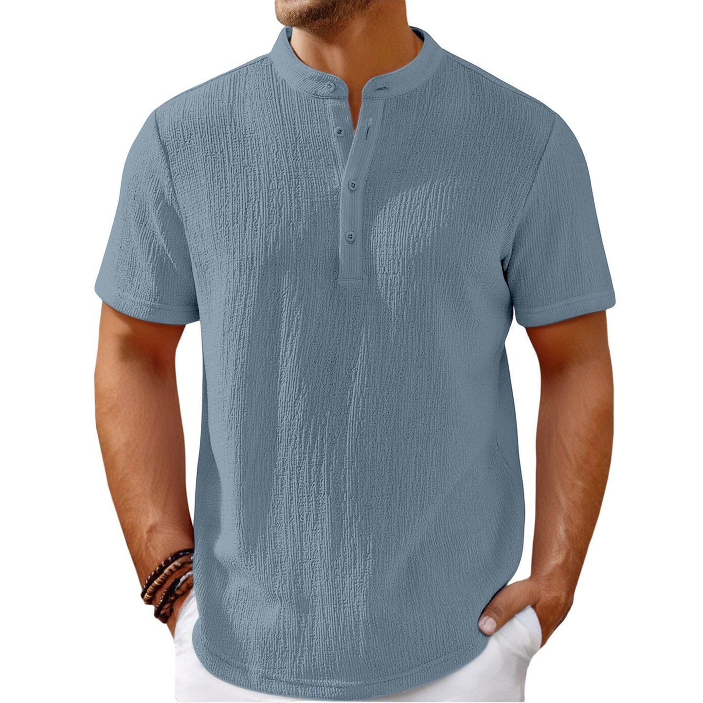 Men's Retro Cotton Linen Striped Henley Shirt
