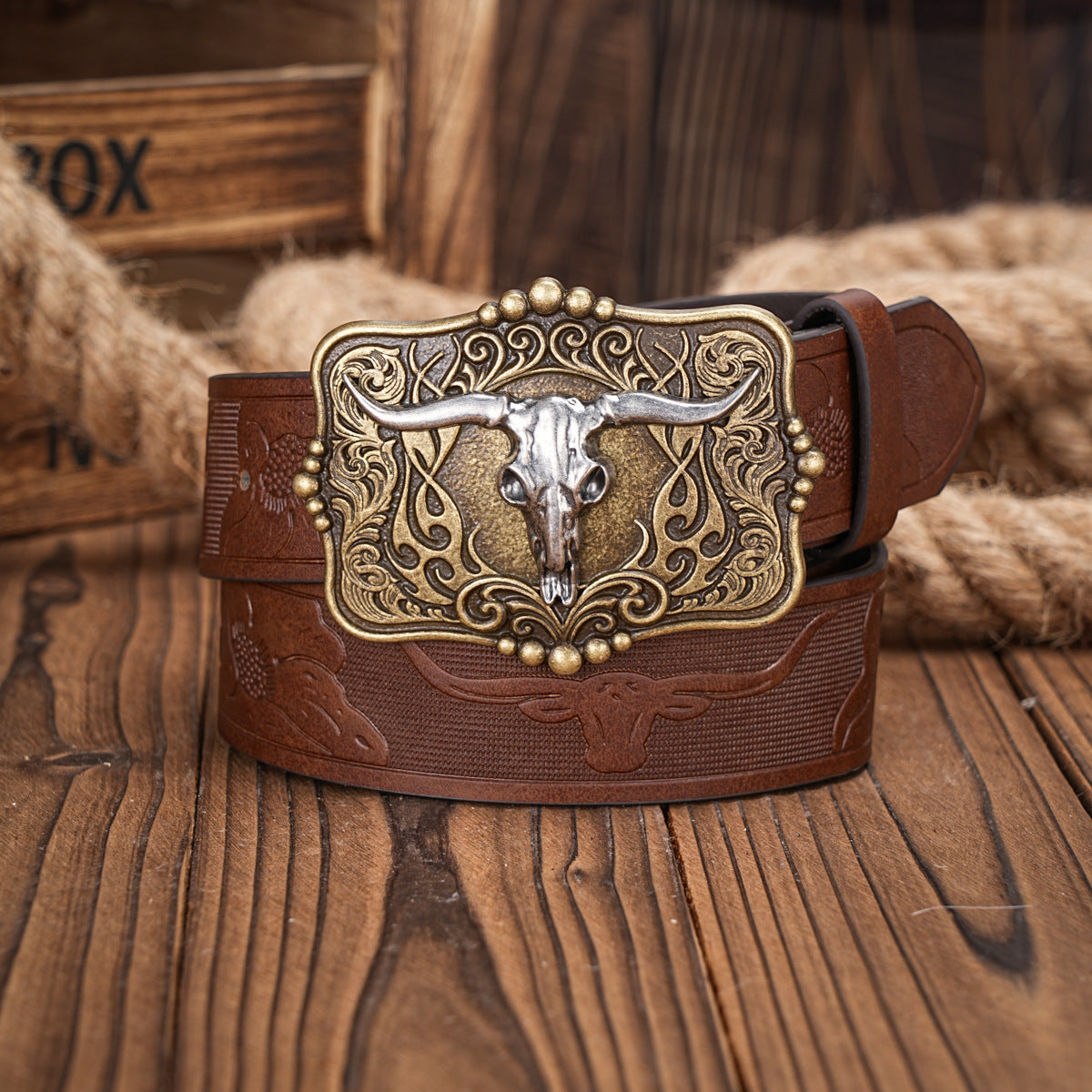 Brown Men’s Leather Belt Retro Embossed