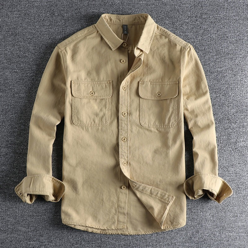 Men's Simple Lapel Washed Breathable Workwear Long Sleeve Shirt