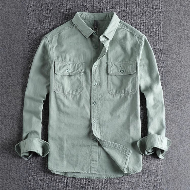 Men's Simple Lapel Washed Breathable Workwear Long Sleeve Shirt
