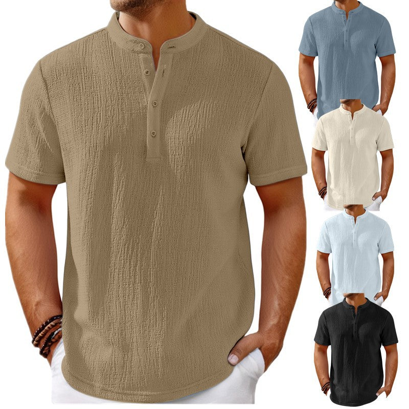 Men's Retro Cotton Linen Striped Henley Shirt