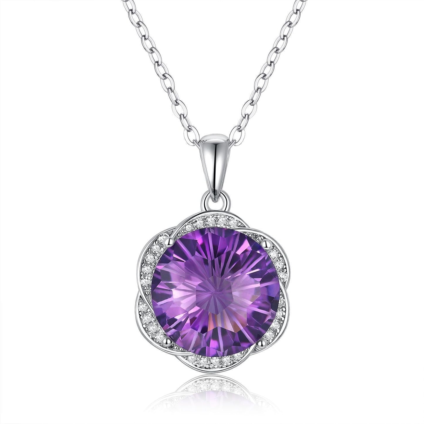 S925 Silver Amethyst Flower Pendant Necklace