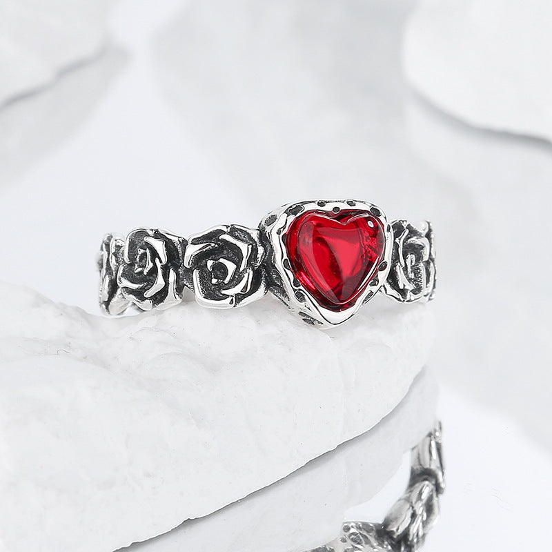 S925 Vintage Rose Red Zircon Ring