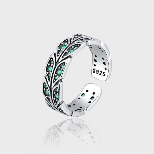S925 Silver Peacock Tail Green Zircon Ring