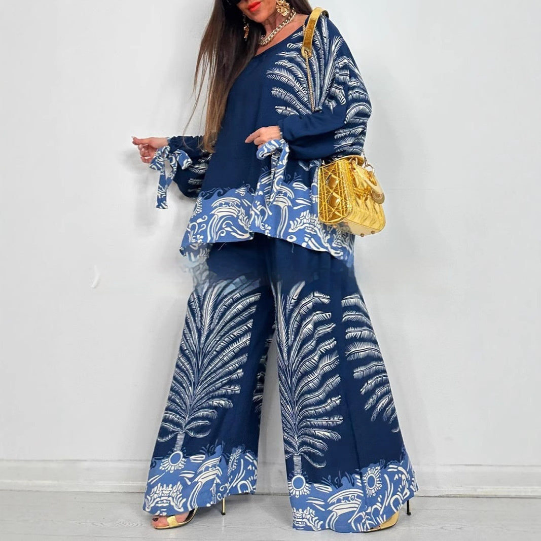 Vintage Floral Wide-Leg TopPants Suit