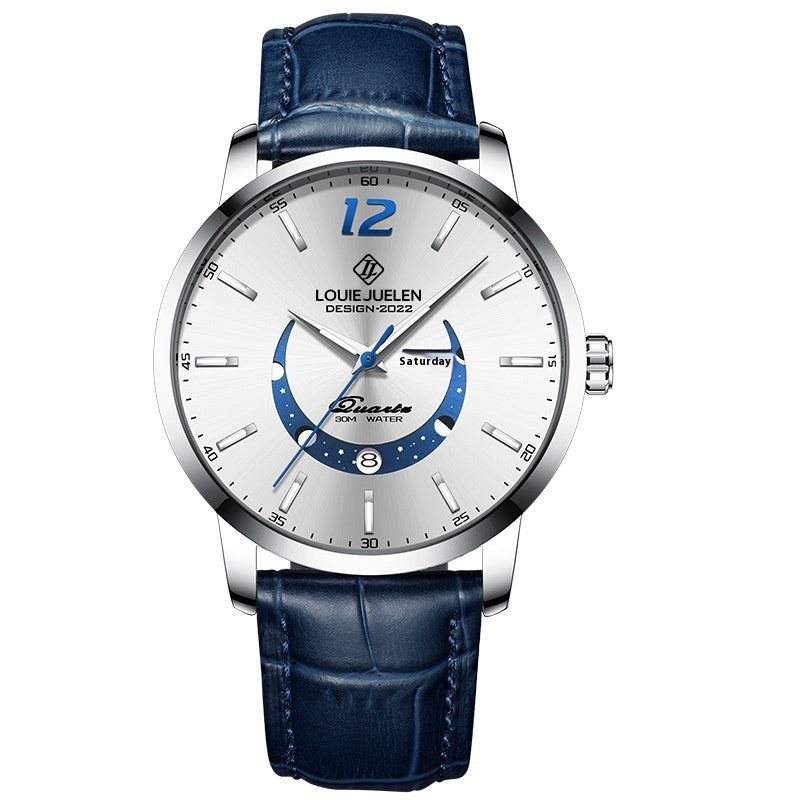 Men's Moon Phase Leather Quartz Watch