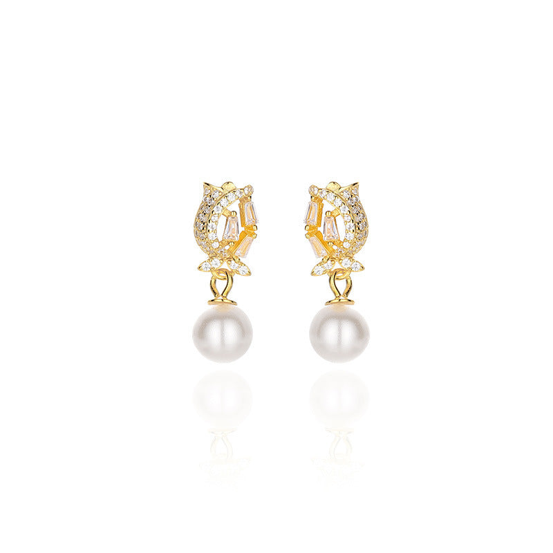 S925 Silver Tulip Pearl Stud Earrings