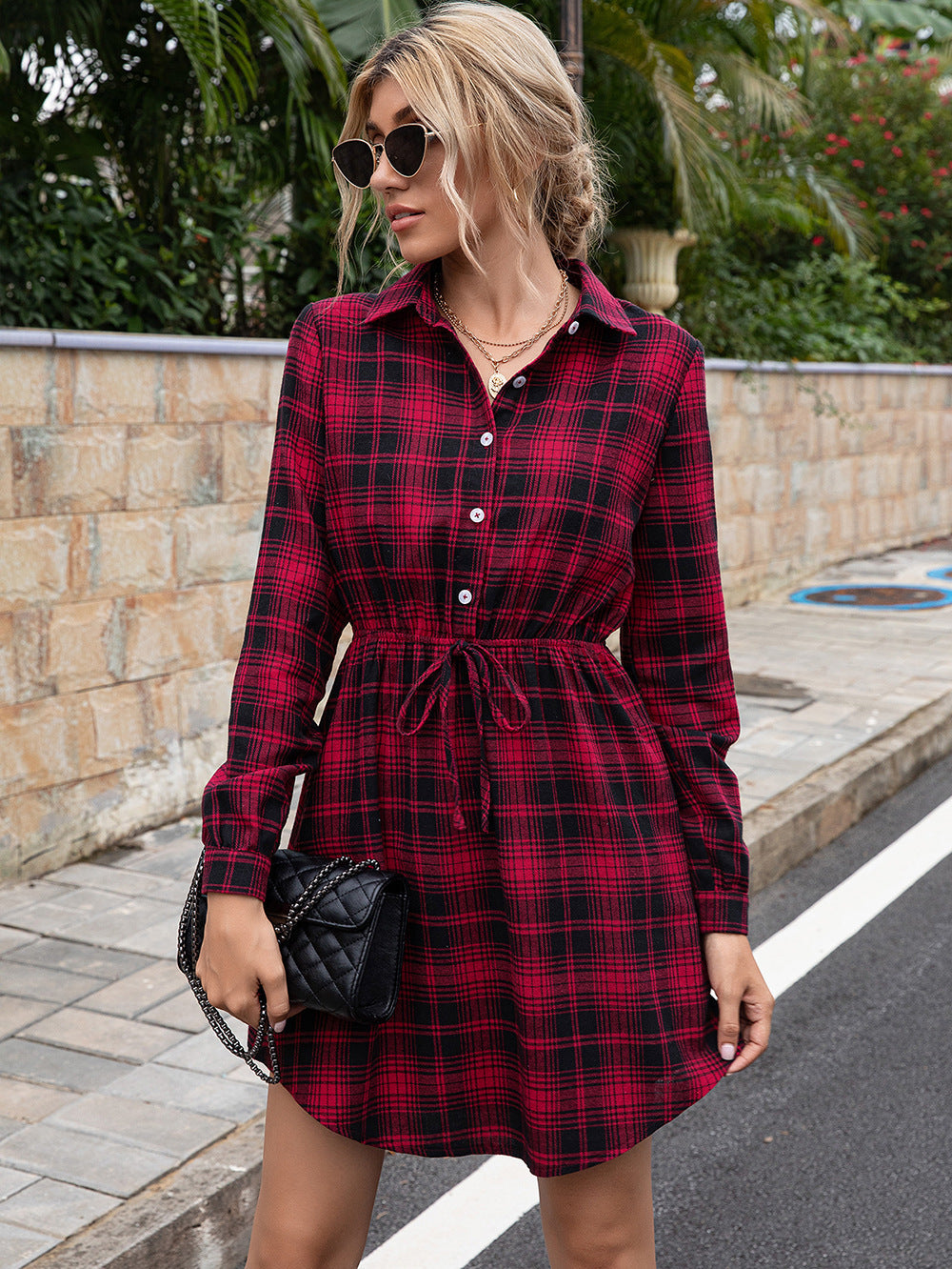 Casual Waist Plaid Dress