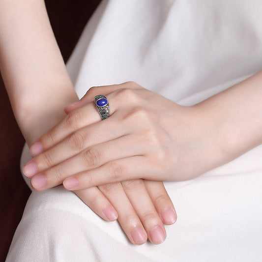 S925 Silver Lapis Lazuli Leaf Ring