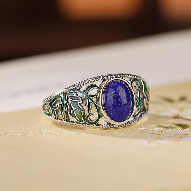 S925 Silver Lapis Lazuli Leaf Ring