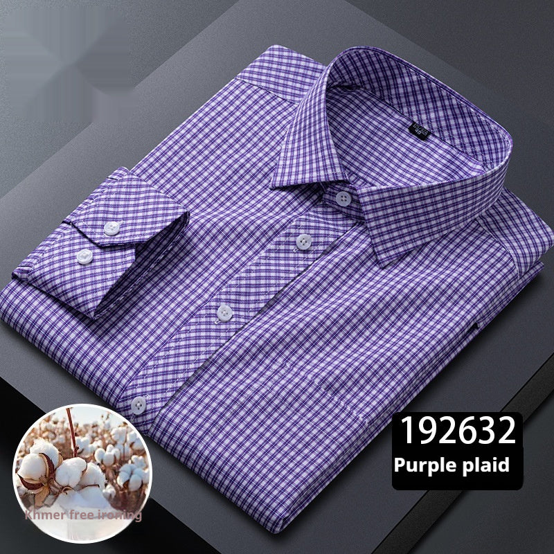 Men's Long-sleeve Plaid Business Shirt with Square Collar