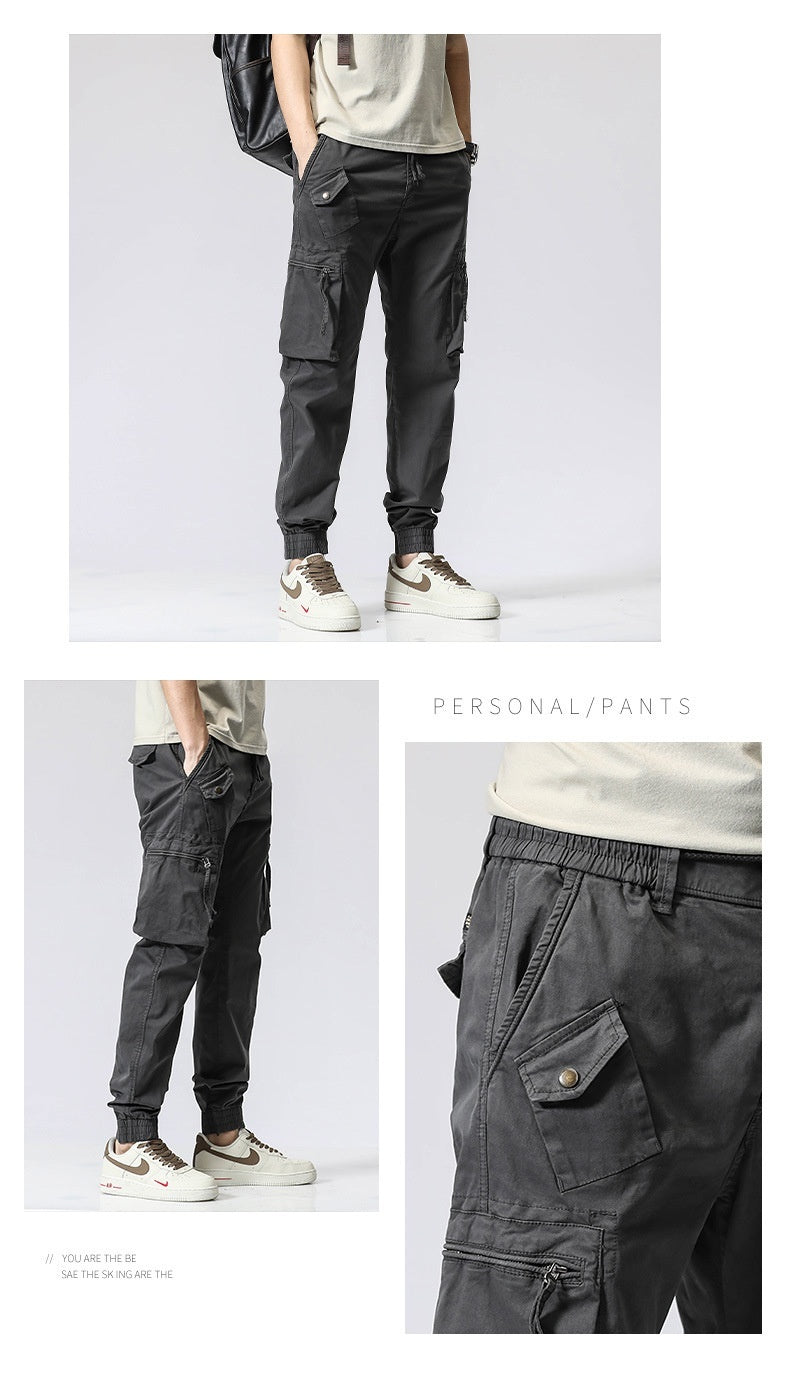 Men's Trendy Cotton Elastic Waist Multi-pocket Pants