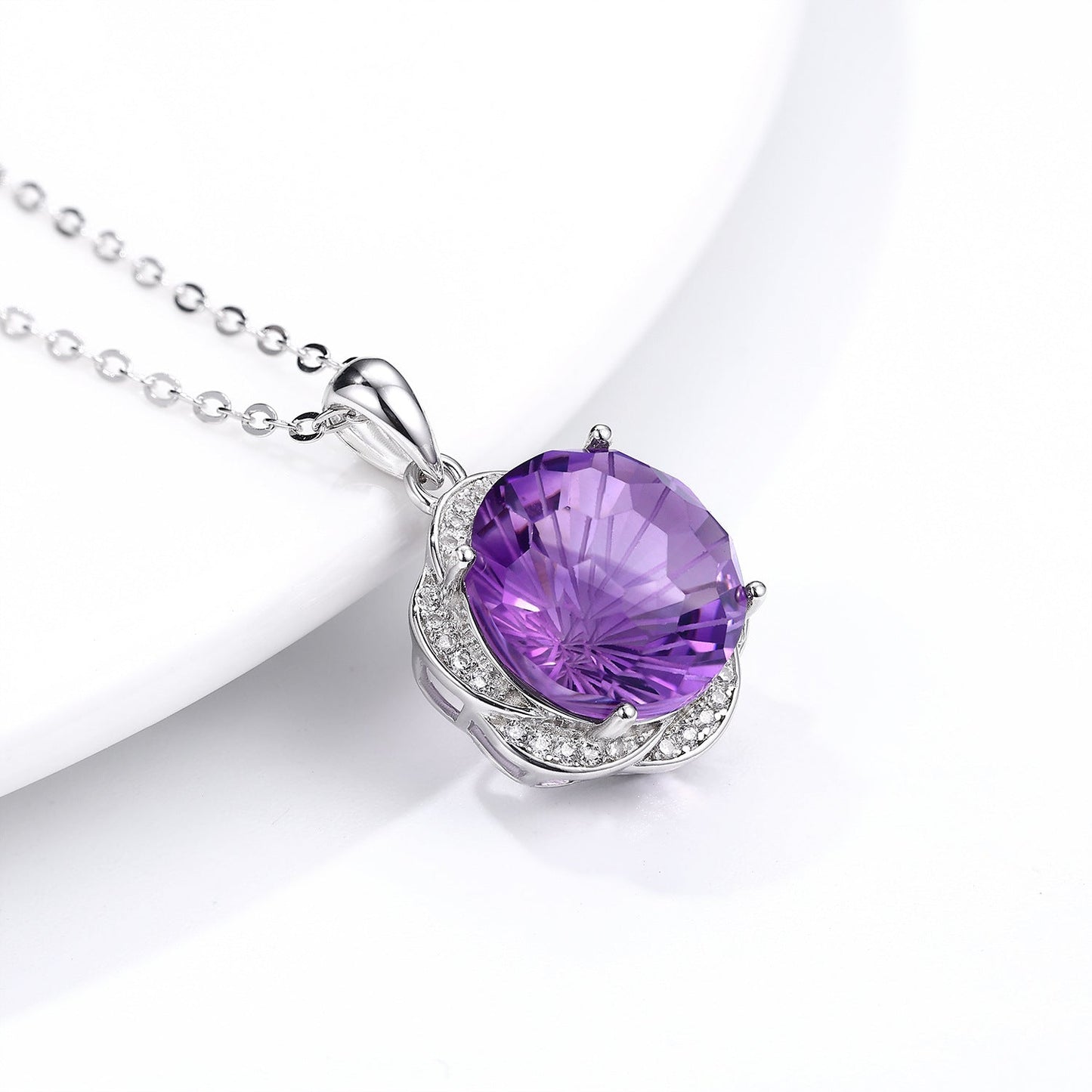S925 Silver Amethyst Flower Pendant Necklace