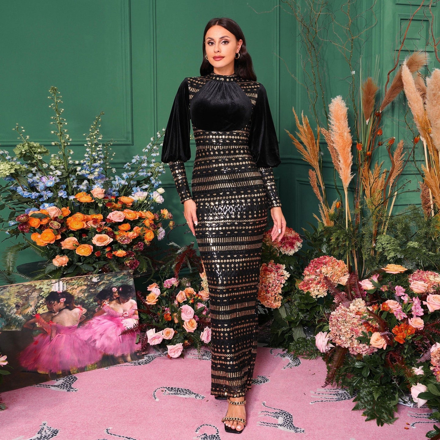 Sequined Slit Evening Dress