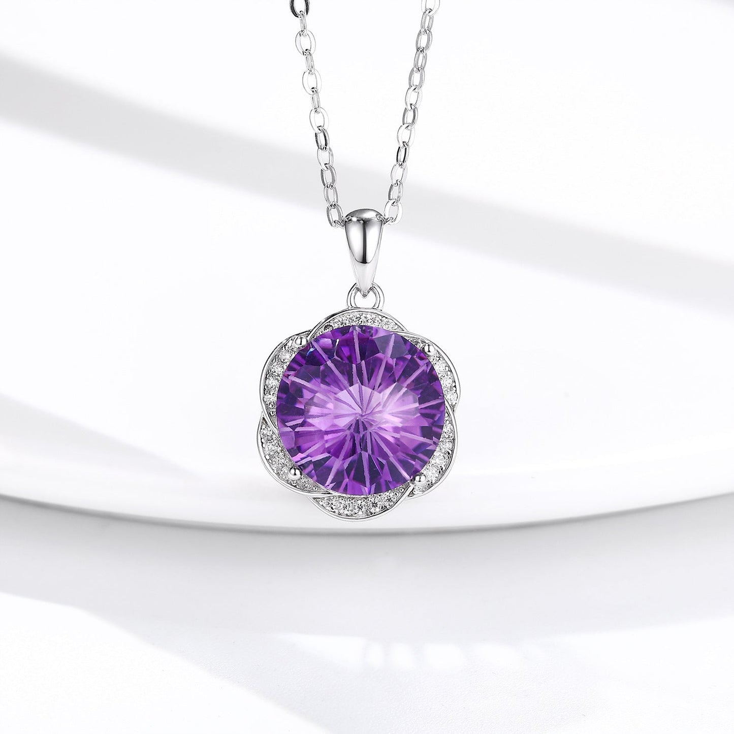 S925 Silver Amethyst Flower Pendant Necklace