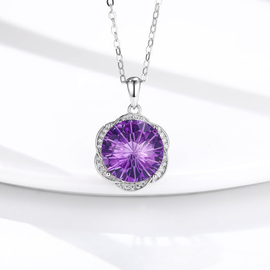S925 Silver Amethyst Flower Pendant Necklace