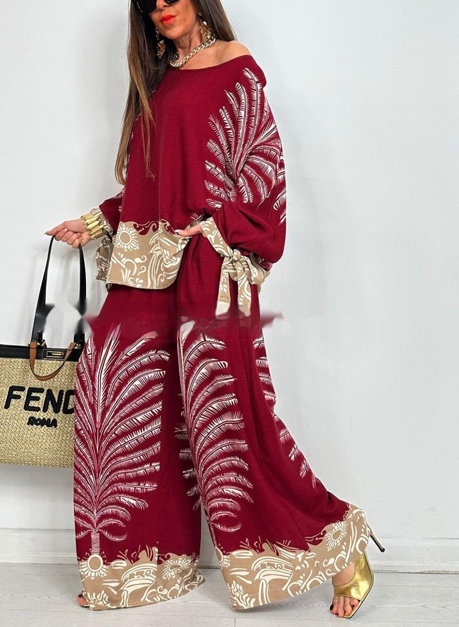 Vintage Floral Wide-Leg TopPants Suit