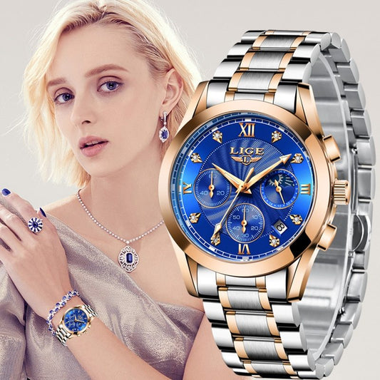LIGE Stainless Steel Waterproof Watch